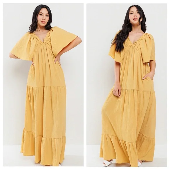 24 Boho V-Neck Flared Sleeve Tiered Maxi Dress - Picture 2 of 3